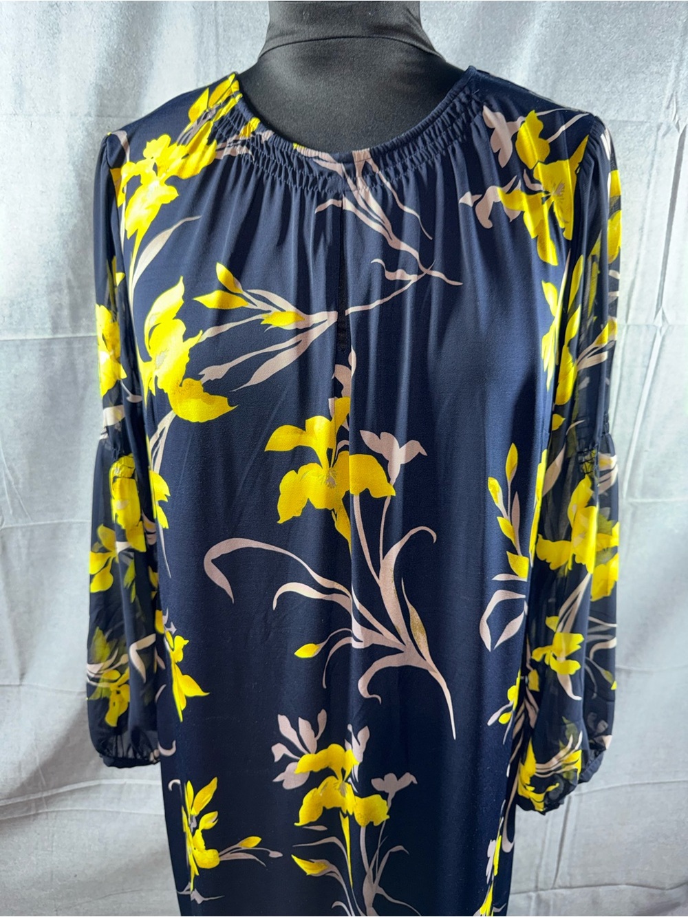 2673-Cato Navy & Yellow Floral Long Sleeve Shift Dress